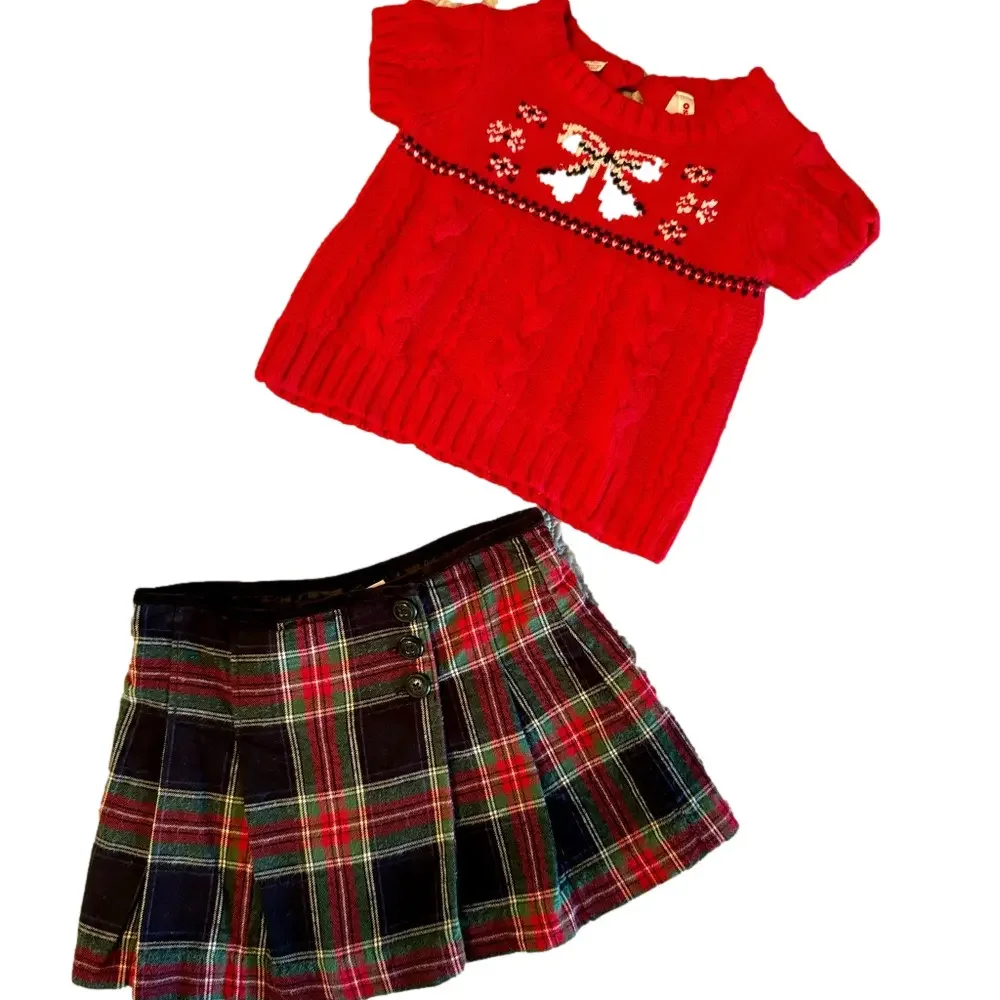 🎅 Oshkosh Holiday plaid skirt and red sweater size 2T